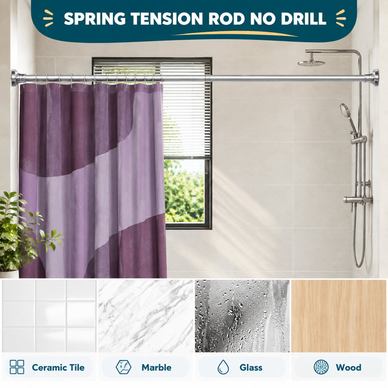 This silver heavy-duty spring-tension shower curtain rod adjusts from 31-80 inches and has a 1-inch diameter; rustproof stainless steel construction and no-drill mounting make it suitable for bathrooms, kitchens, and closets.