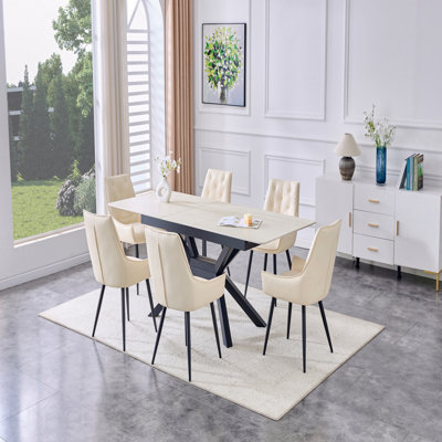 Modern Extendable Dining Table Sintered Stone Tabletop Geometric X-Frame Metal Spray-Painted Base Rectangular
