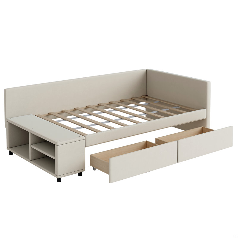 Lit plateforme simple tapissier en forme de L avec rangement et tiroirs, Beige