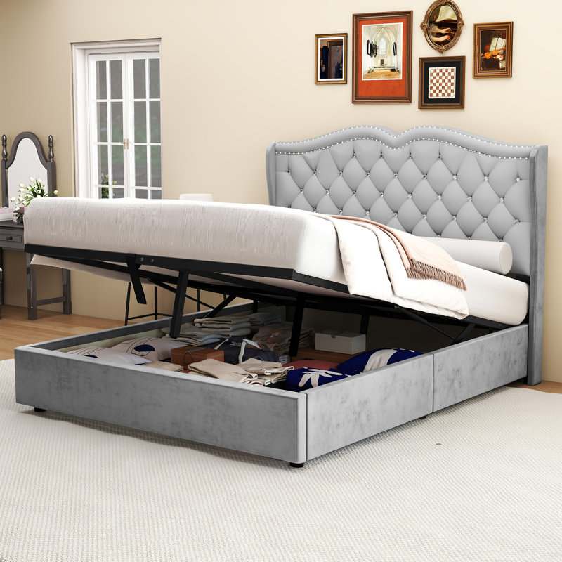 Lit plateforme tapissier avec rangement Albourne, Gris