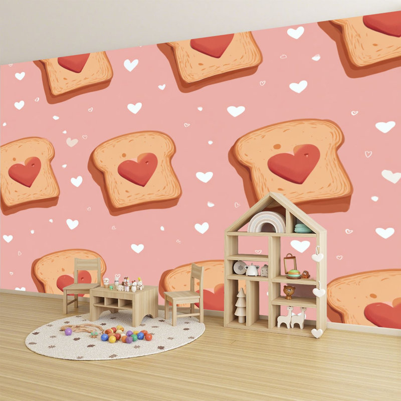 Papier peint adhésif pelez et collez, mignon, pain grillé, cœur, dessin plat, personnage kawaii, art mural auto-adhésif et amovible