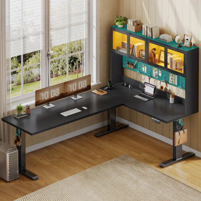 68.9" L-Shaped Height Adjustable Electric Standing Desk, Gaming Desk & Corner Computer Desk with Hhutch, Storage, Pegboard, lED Lights and Power 0utlet for Home