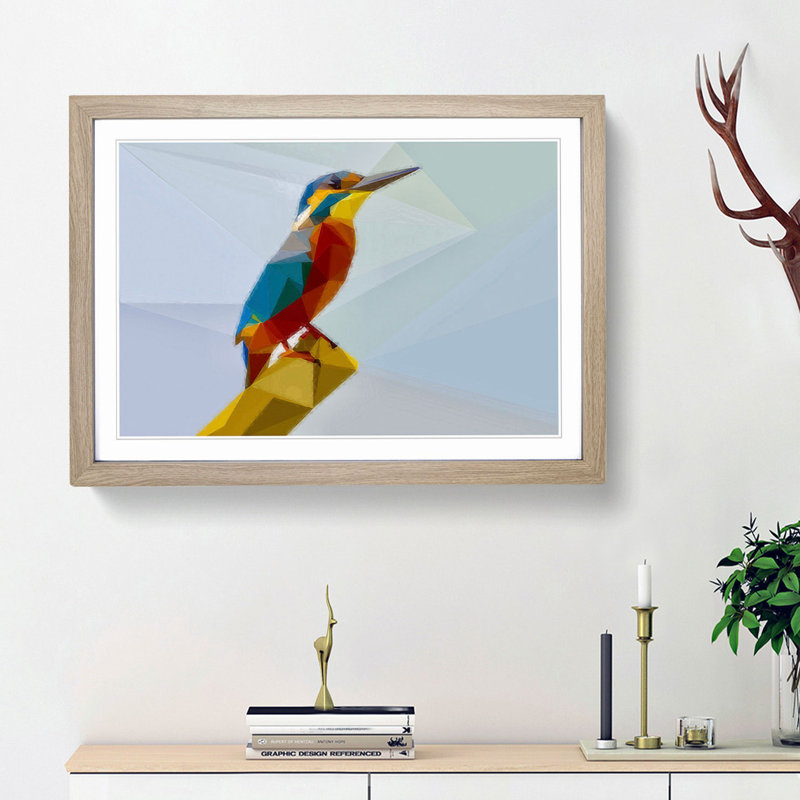Geometric Kingfisher Bird in Abstract - Framed Print, 62cm H x 87cm W x 2cm D, Oak Framed