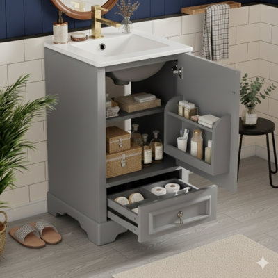Meuble-lavabo de 20 pouces avec lavabo en céramique, porte à fermeture en douceur, tablette ajustable en forme de U, tiroir de compartiment et support de porte, style moderne, conception peu encombrante