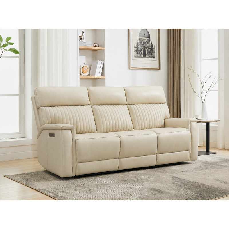 Canapé inclinable électrique en cuir véritable de 84 pouces avec soutien lombaire zéro gravité et port USB intégré, Cream