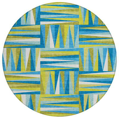8' Teal Blue Round Geometric Washable Indoor Outdoor Area Rug