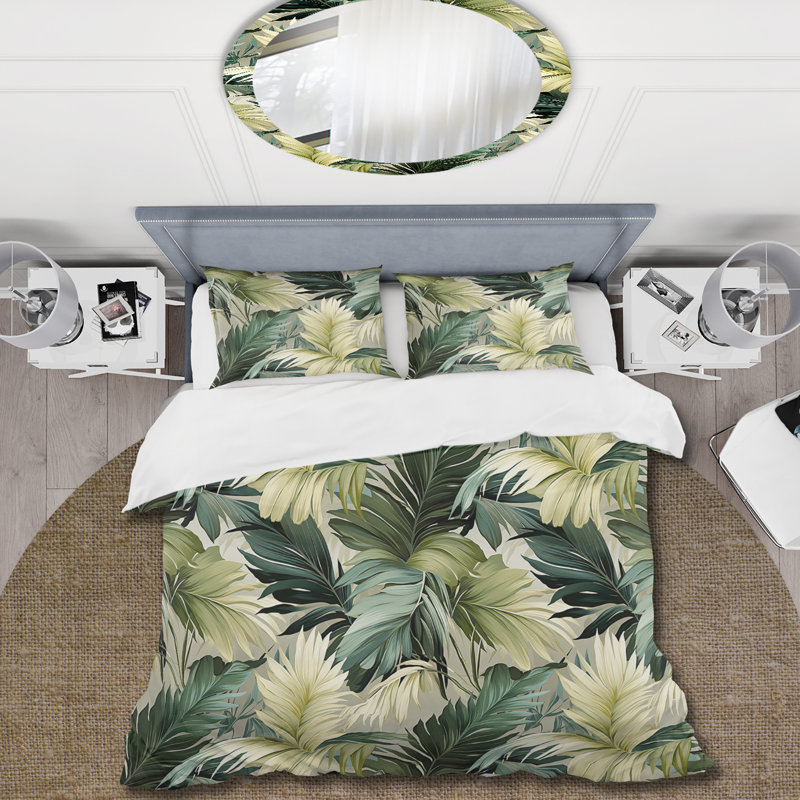 Literie tropicale discrète à motif tropical I, Housse de couette pour grand lit et 2 taies décor