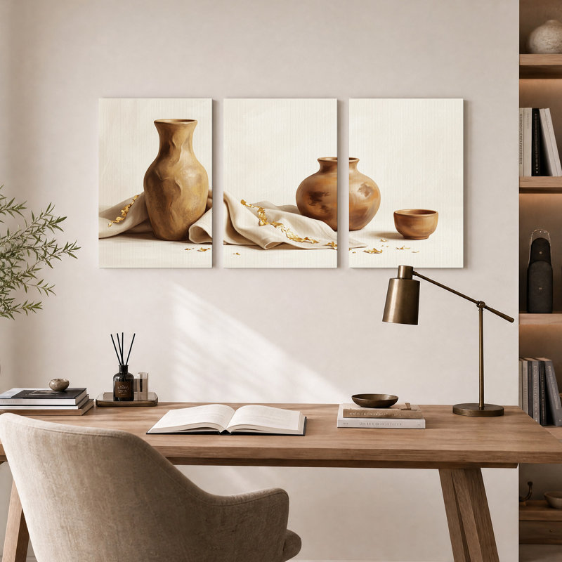 Ensemble de 3 vases en céramique bruns avec feuille d'or sur toile drapée, 18"H x 12"W x 3pcs