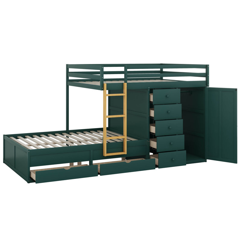 Lit superposé double avec garde-robe, 2 grands tiroirs et 5 petits tiroirs, lit superposé en bois avec échelle, garde-corps