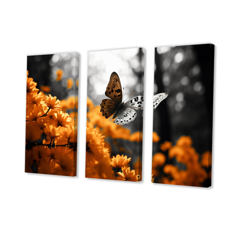Papillon orange gris flottant grâce sur toile, 3 pièces, H 32 po x l 48 po x P 1 po