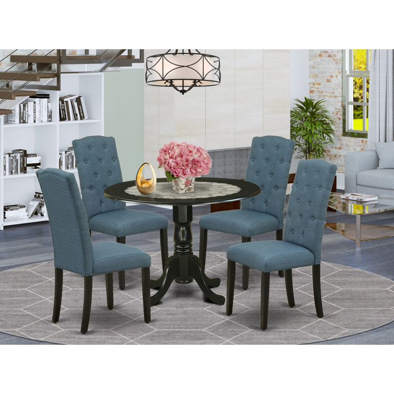L'ensemble 5 pièces de table et chaises de cuisine comprend une table de salle à manger ronde avec Dropleaf et 4 chaises rembourrées en tissu de lin bleu minéral, noir