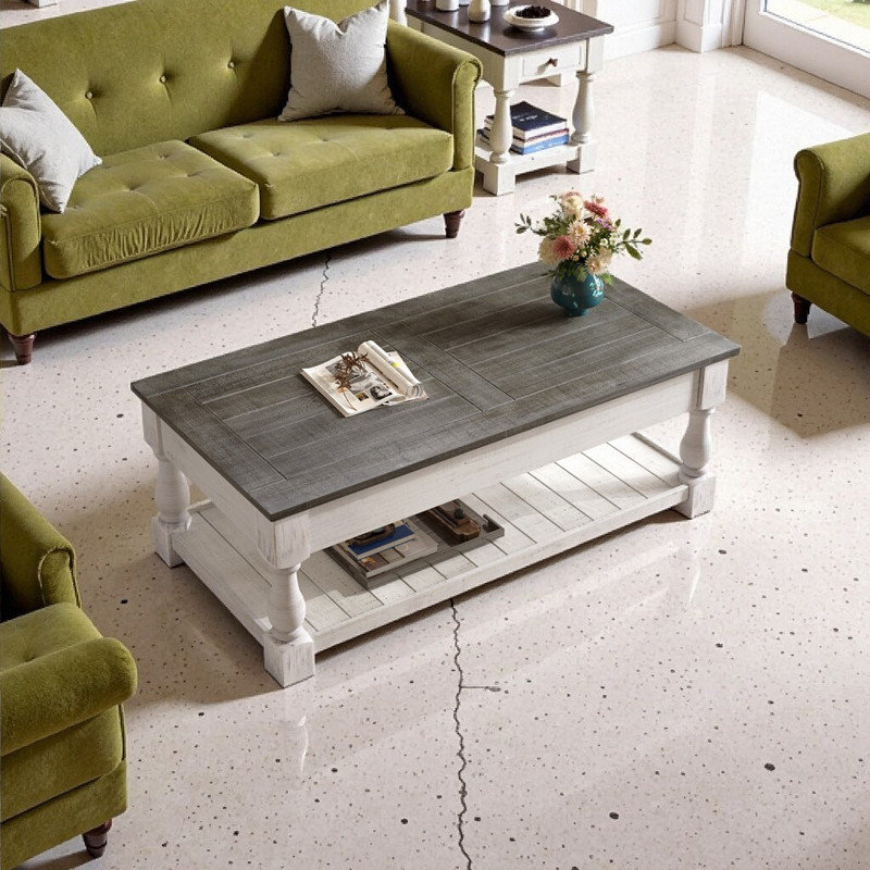 Table basse de style champêtre avec plateau relevable de 119 cm (47 po) et 3 plateaux de rangement dissimulés, table basse centrale en bois massif avec tablette inférieure ouverte, gris antique et blanc vieilli