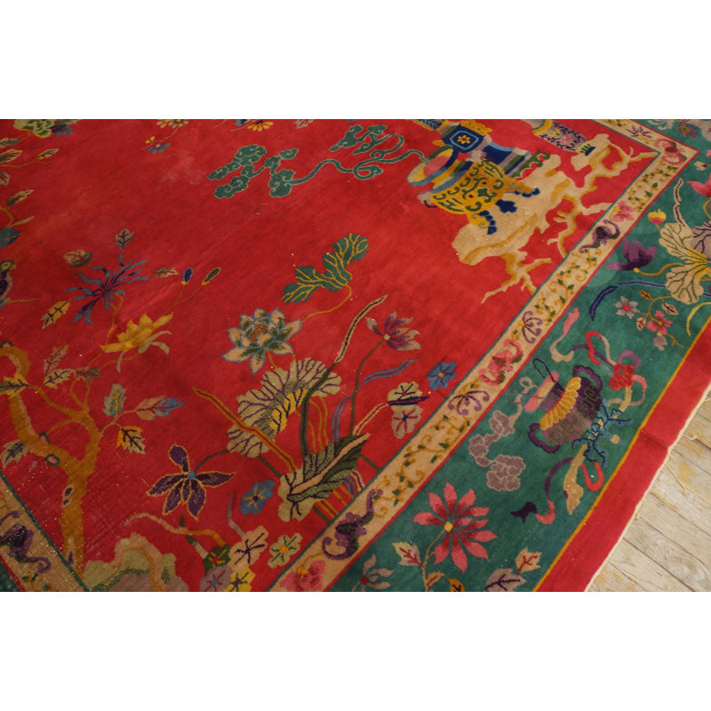 Tapis antique corail et vert en laine taille art antique