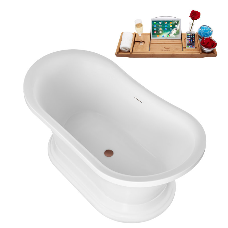59" Streamline Soaking Acrylic Freestanding Bathtub, Bamboo Tray, Drain, Matte Oil Rubbed Bronze