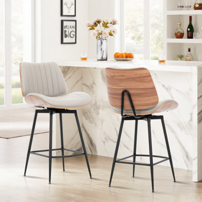 Walnut Bentwood & Faux Leather Swivel Bar Stool with Metal Legs and Footrest