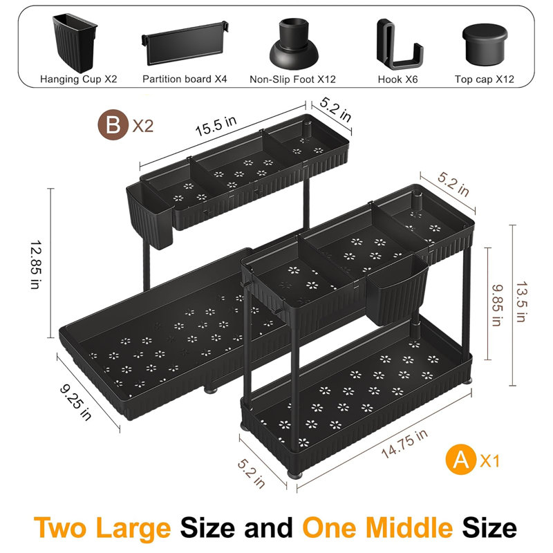 3 Pack Pull Out Under Sink & Under Cabinet Organizers with Hooks Hanging Cup, Black