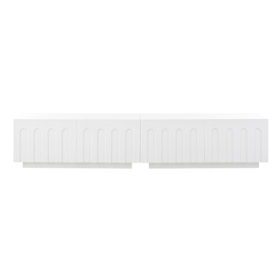 Élégant meuble télé blanc pour téléviseur de 80 po ou moins, table basse à quatre tiroirs avec rangement caché pour consoles de jeux, conception arquée sophistiquée, armoire multifonctionnelle et table de rangement, organisateur à 4 tiroirs