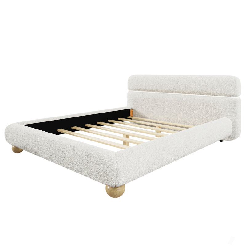 Lit tapissier contemporain à profil bas avec tissu en molleton Teddy et pieds ronds massifs, design courbé élégant pour la chambre à coucher, grand lit, blanc