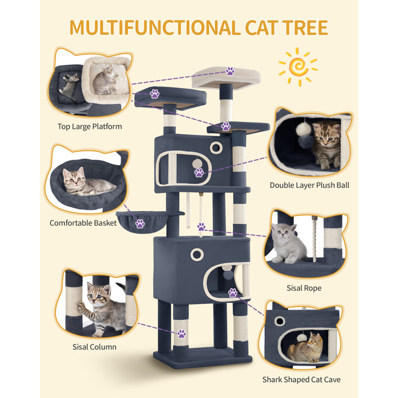 180 cm Cat Tree for Indoor Cats, Cat Tower, Multi-Level Cats Condo with 8 Scratching Posts, 3 Platforms, 2 Caves, Basket, Plush Balls, Sisal Rope, Anti-Tip Kit 