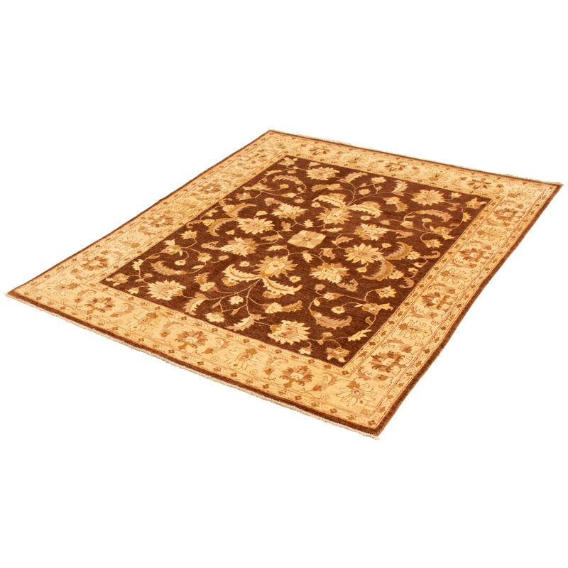 Tapis décoratif en laine de conception unique 6 pi 6 po x 8 pi 1 po noué à la main New Age en brun/beige