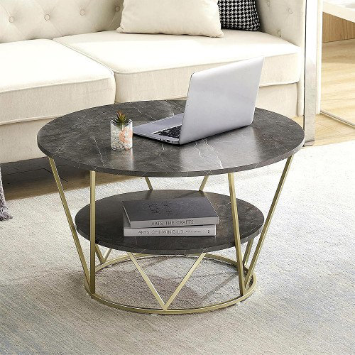 Table basse ronde 80 cm en faux gris doré avec rangement à 2 niveaux pour le salon, décoration intérieure moderne