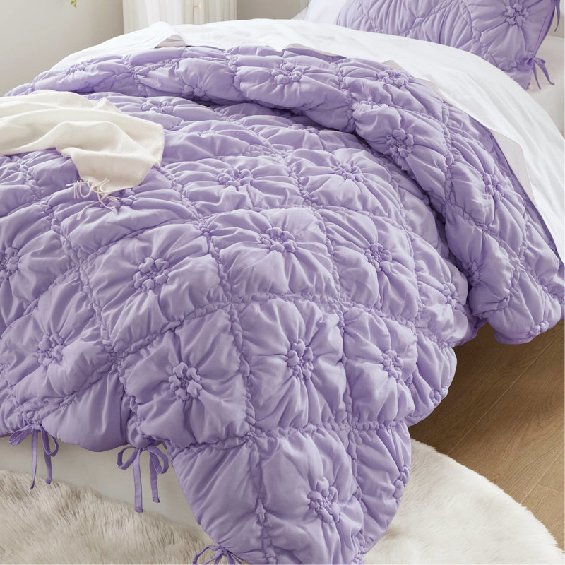 2 pièces, édredon simple à motif floral mauve, avec un décor à nouer, douceur nuage, confort toutes saisons, lavable à la machine avec accents texturés, microfibre respirante