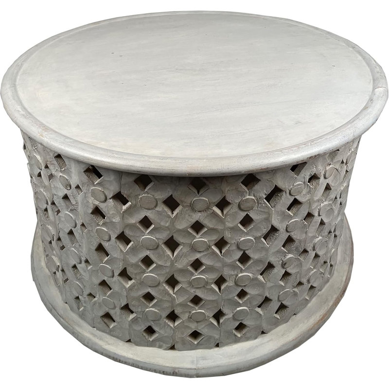 Mango Wood Round Coffee Table With Intricate Diamond Cutout Base, Distressed Farmhouse Style