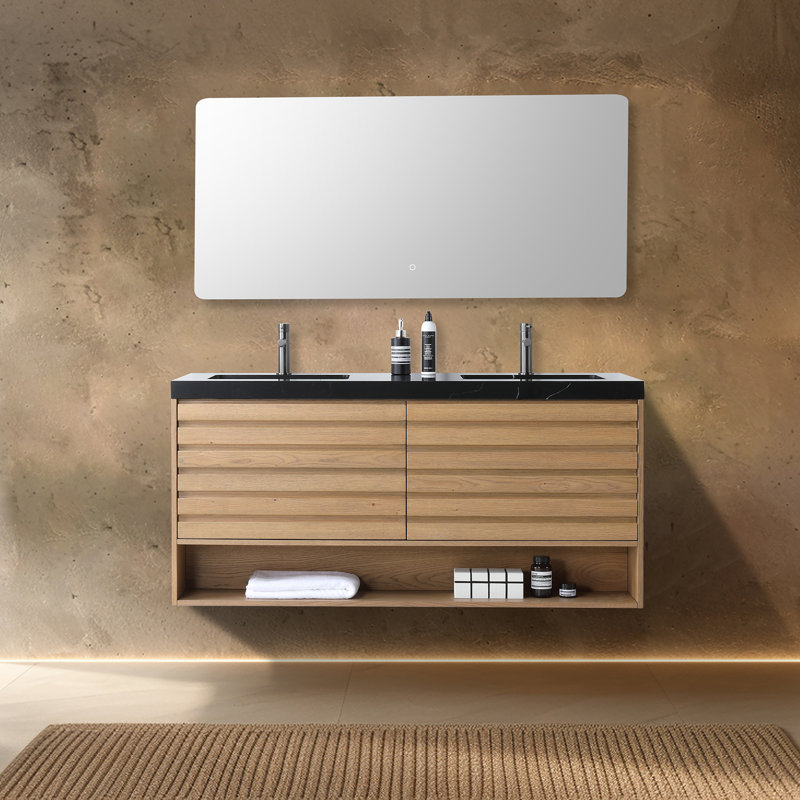 Matera 60" W Double Vanity, Pecan Oak, Black