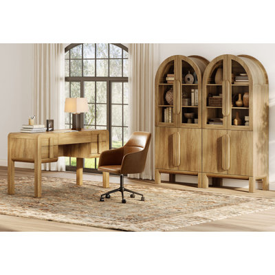 Home Office Set, 53.5" Modern Executive Desk With Charging Station And Drawers & 2 Piece 71"H Tall 5-Tier Arched Bookcases With Glass Door For Living Room, Bedroom, Home Office