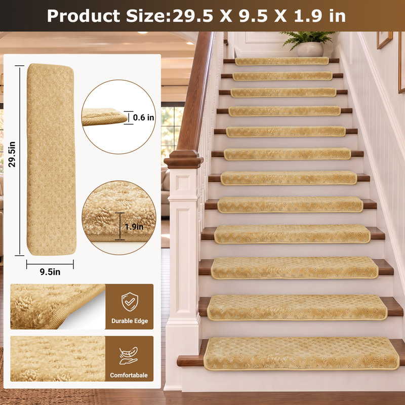 14 pièces de tapis d'escalier antidérapant pour escalier en bois Bullnose 9,5 po x 30 po, Grid, Kaki