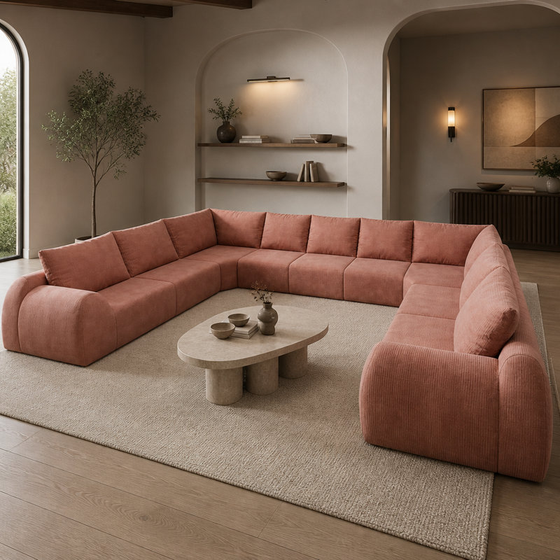 Canapé d'angle modulaire en forme de U, 9 places, 412 cm (161,9 pouces), chenille rose, comprimé sous vide, pour salon