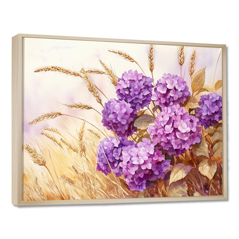 Hortensias dans la récolte de blé III - hydrangées, art mural, H 30 po x l 40 po, Impression sur cadre flottant, Naturel