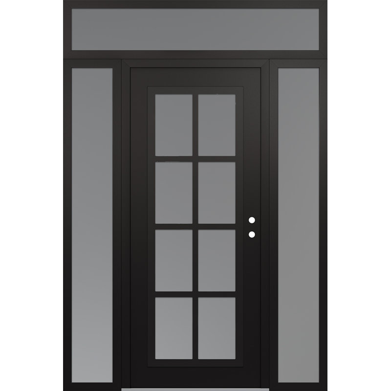 C16 à gauche 68 po X 96 po Panneau en acier noir et verre givré noir et blanc avec 2 panneaux latéraux et porte d'entrée avant en verre givré avec traverse