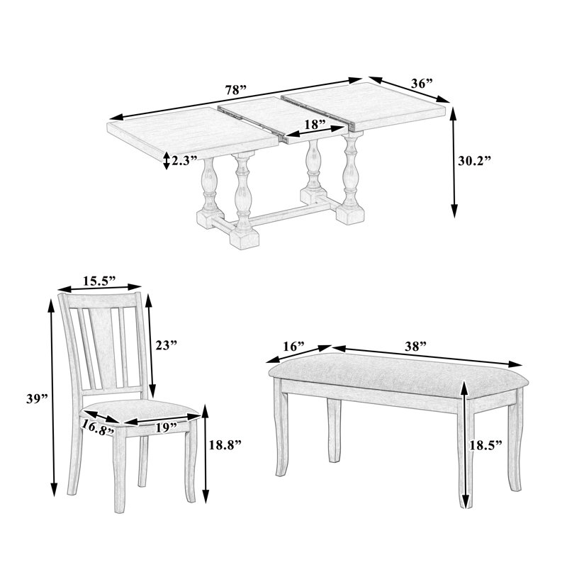  Ensemble de table de salle à manger extensible avec tréteaux 78 po avec rallonge, chaises rembourrées et banc Traditional