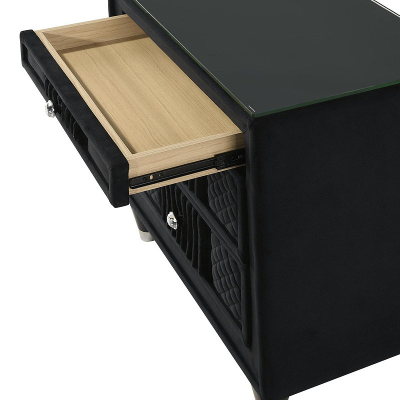 Table de chevet contemporaine en velours noir avec revêtement texturé luxueux