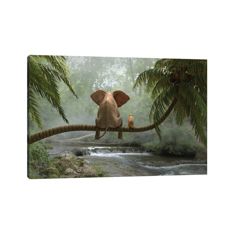 Elephant And Dog Sit On A Palm Tree In Tropical Forest by Mike Kiev - Gallery-Wrapped Canvas Giclée on Canvas, Canvas