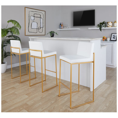 Tabouret de bar contemporain à dossier haut de 76 cm (30 po) en acier doré et similicuir blanc - Ensemble de 3