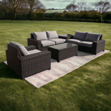 Ensemble de canapé modulaire 5 pièces Courtyard St. Lucia en chêne argenté avec 1 causeuse modulaire gauche et 1 causeuse droite, 1 table de bout d'angle, 1 table basse et 1 fauteuil club