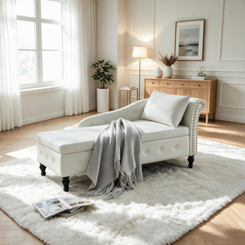Chaise longue de rangement en velours Eastham, Beige, Orienté vers la gauche
