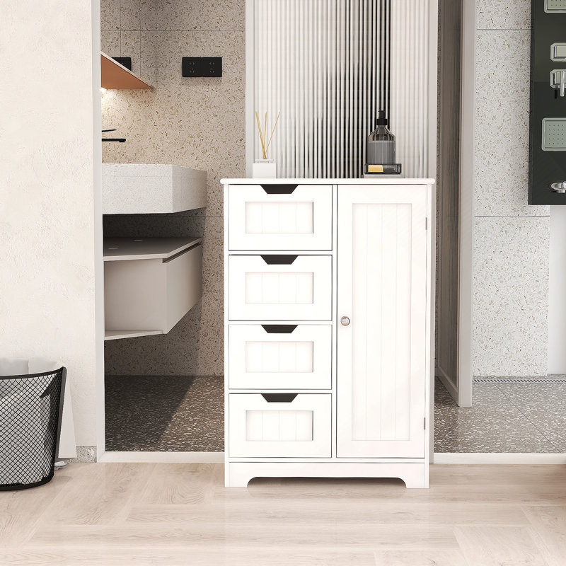 Armoire de rangement autoportante blanche avec tablettes réglables, 4 tiroirs et 1 porte