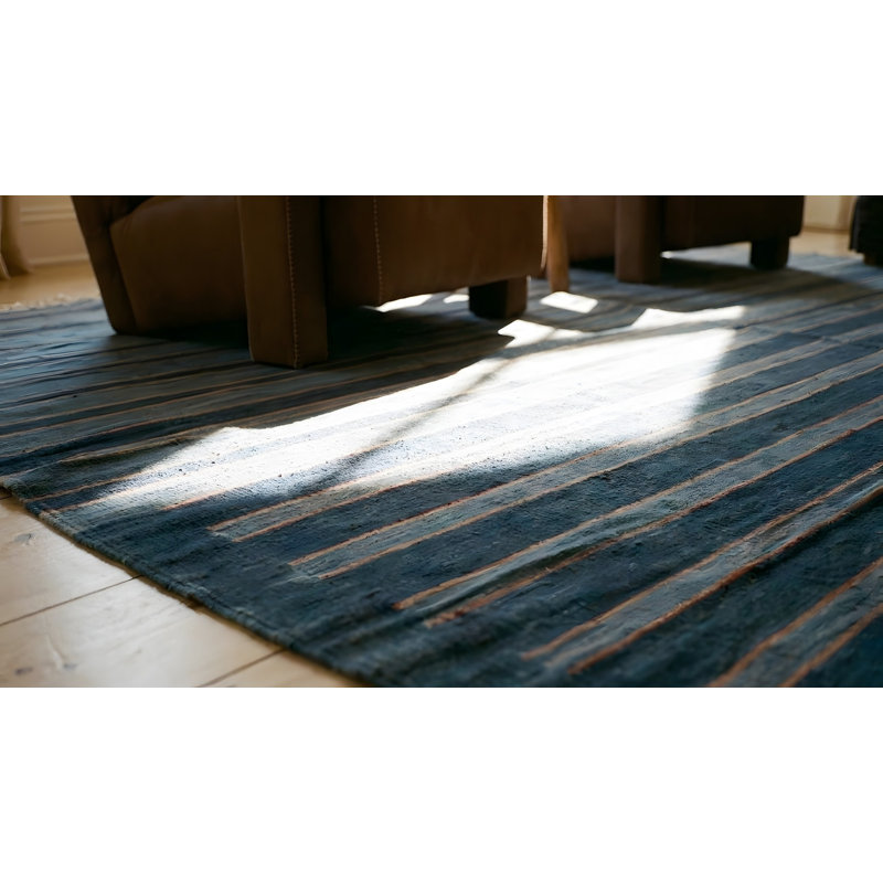 Blue Color Striped Pattern Antique Flat Weave Cotton Indian Dhurrie Rug