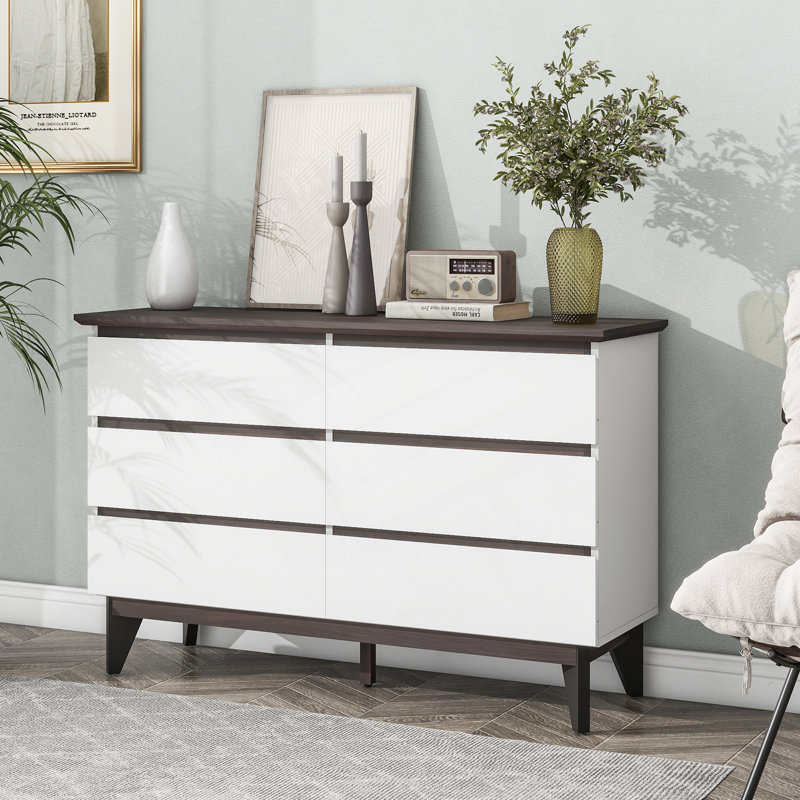 Large armoire de rangement à 6 tiroirs avec surface supérieure spacieuse pour l'organisation de la chambre à coucher, du salon et du bureau.