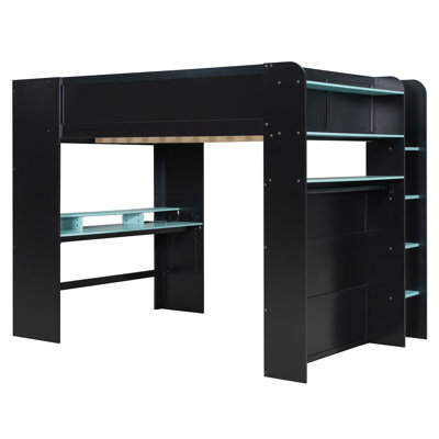 Lit double superposé en bois double avec bureau à hauteur réglable, garde-robe, grand espace de rangement et lumière RVB bleue