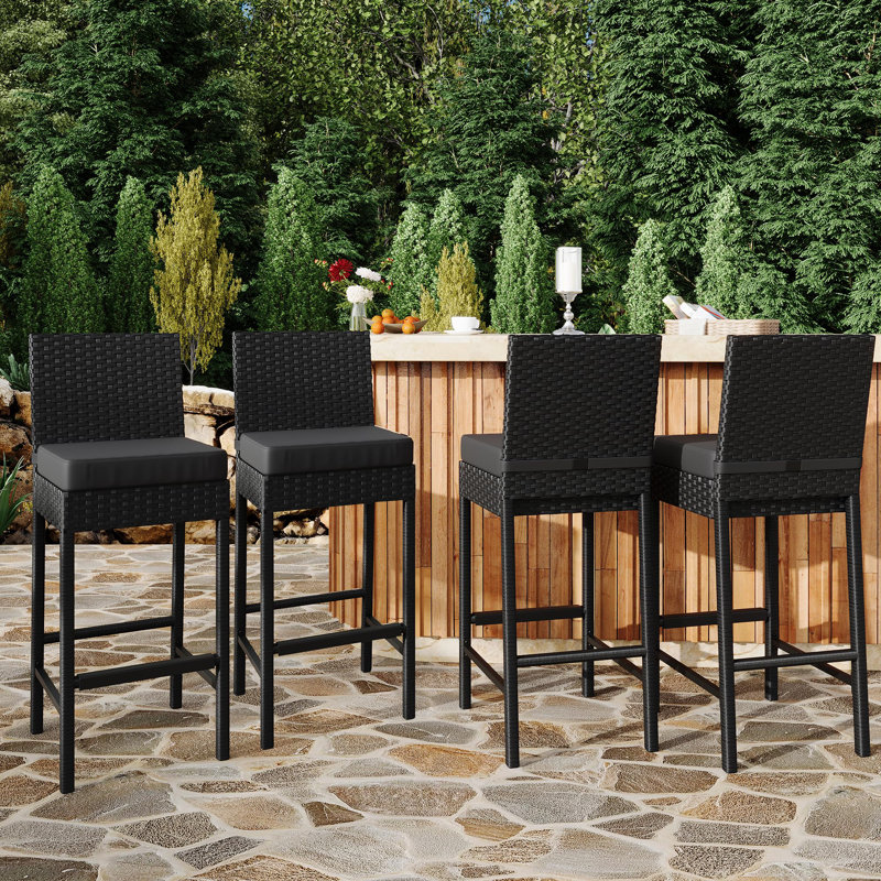 Set of 4 Wicker Bar Stools – Premium Rattan Outdoor Patio Chairs with Armless Bar Height & Soft Seat Cushions