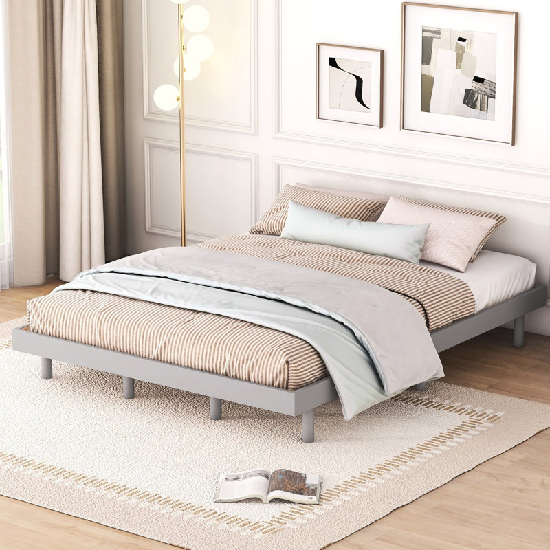 Grand lit gris avec structure flottante stable - Composé de contreplaqué élégant et durable