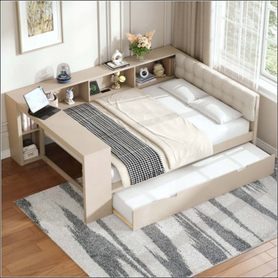 Lit plateforme en bois avec tablettes de rangement, lit gigogne, station de charge et tête de lit tapissier