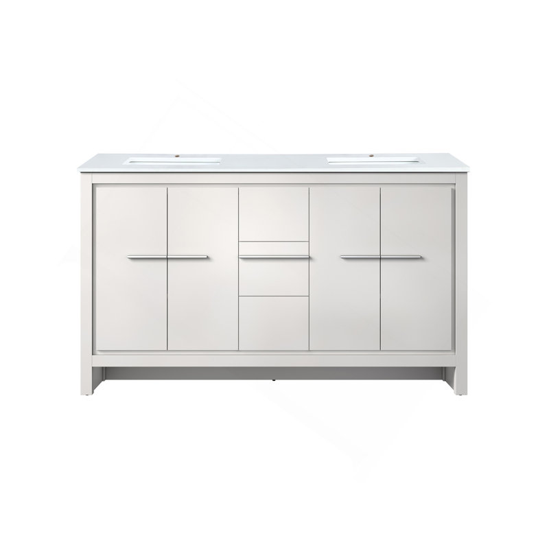 Meuble-lavabo blanc 60 po X P 20 po D, avec plateau en quartz blanc, Blanc, H 36,63 po x l 60 po x P 20,25 po