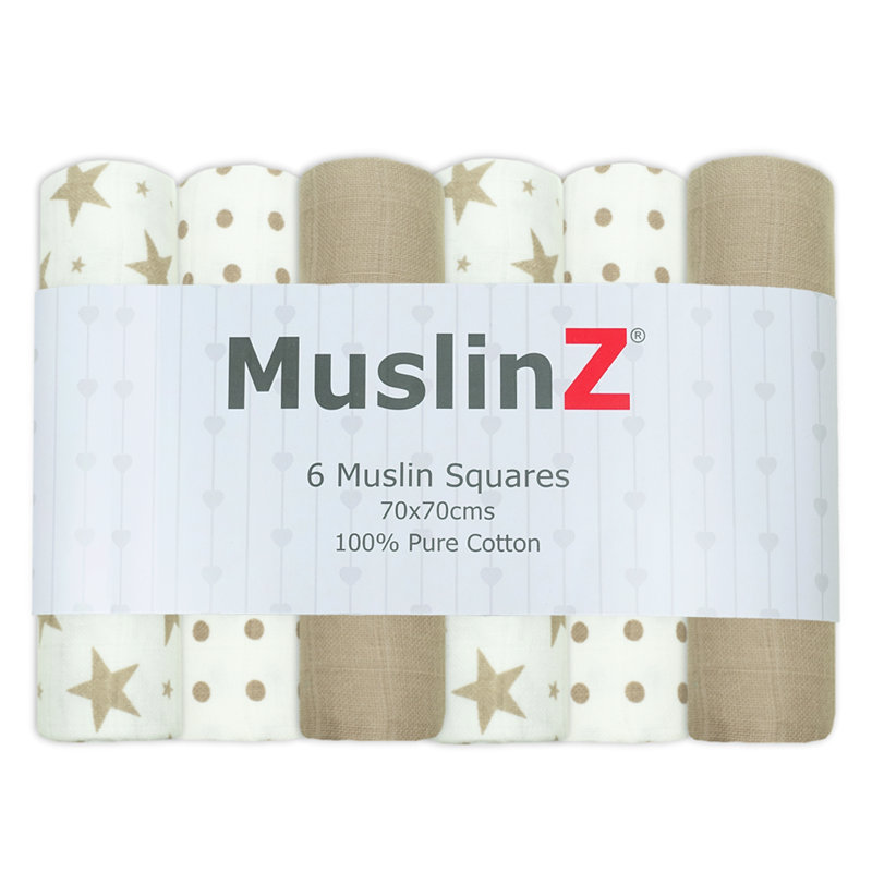 Losurdo MuslinZ Baby Muslin Squares 100% Cotton, Taupe Star