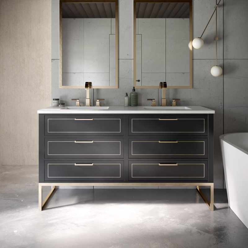 Markham 60'' W Double Vanity, Universal Calacatta Quartz, Satin Brass, Midnight Black