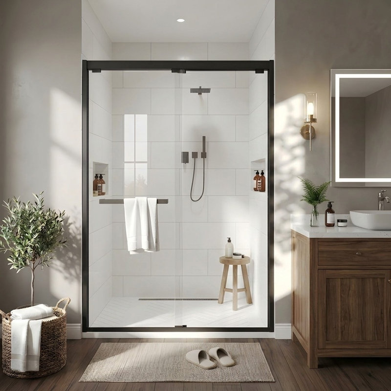 Sliding Framed Shower Door In Black Finish With Clear Glass, Black